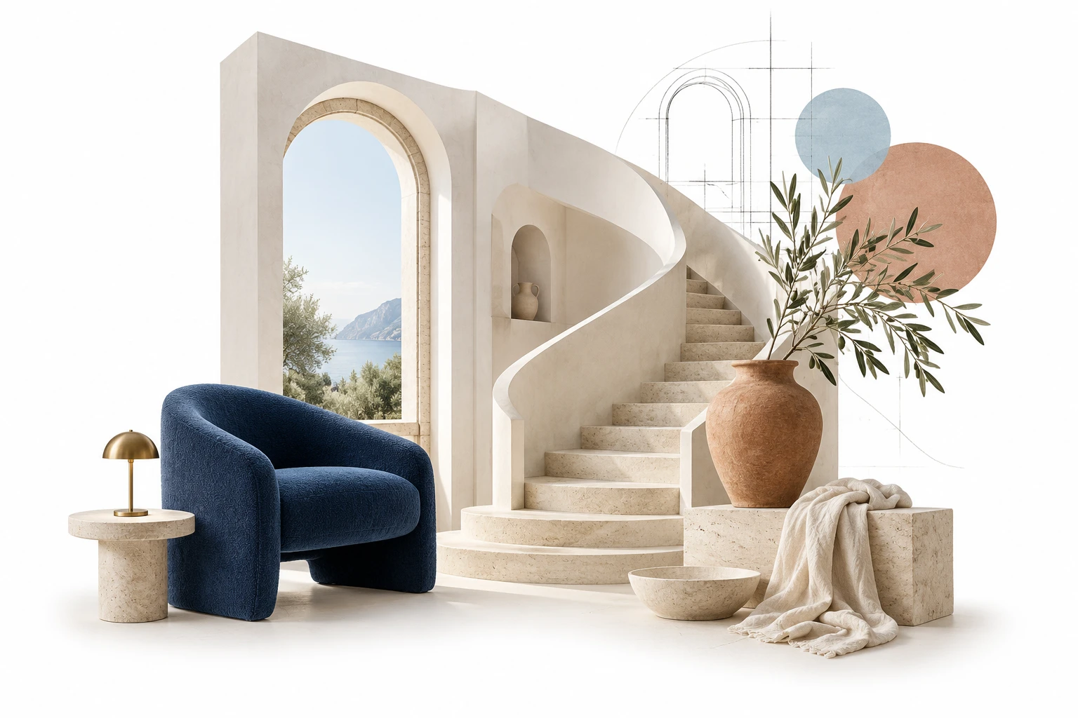Composizione illustrata di architettura, arredi e materiali per la casa