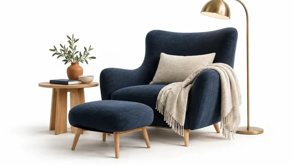 Poltrona blu con poggiapiedi, tavolino e lampada da lettura