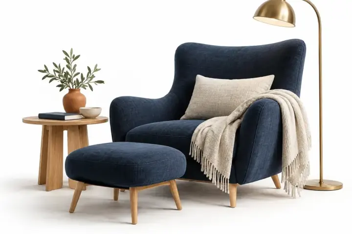 Poltrona blu con poggiapiedi, tavolino e lampada da lettura
