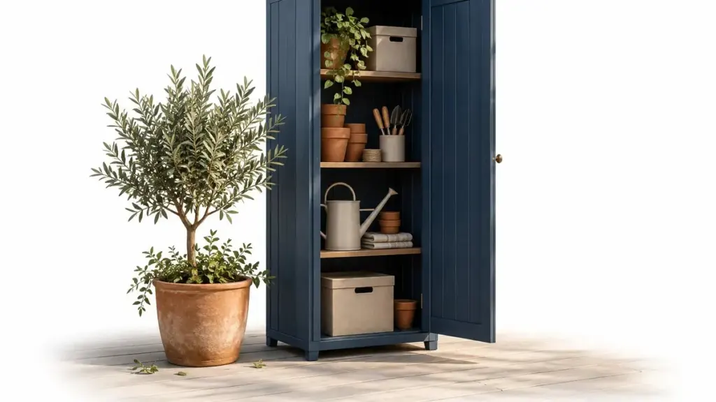 Armadio blu da balcone aperto con ripiani e accessori ordinati