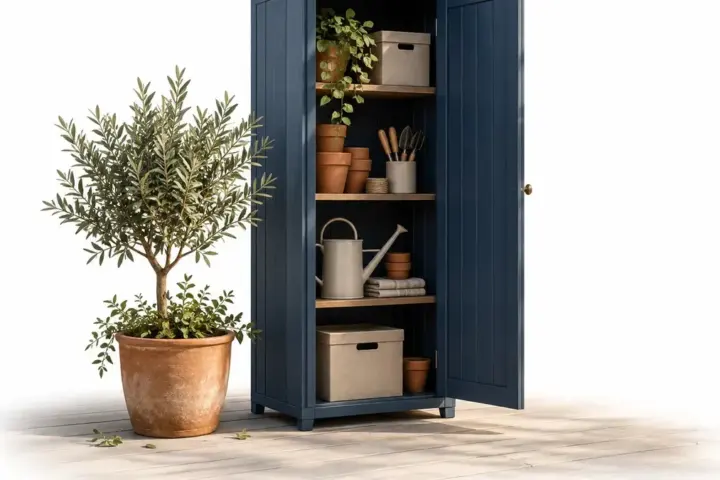 Armadio blu da balcone aperto con ripiani e accessori ordinati
