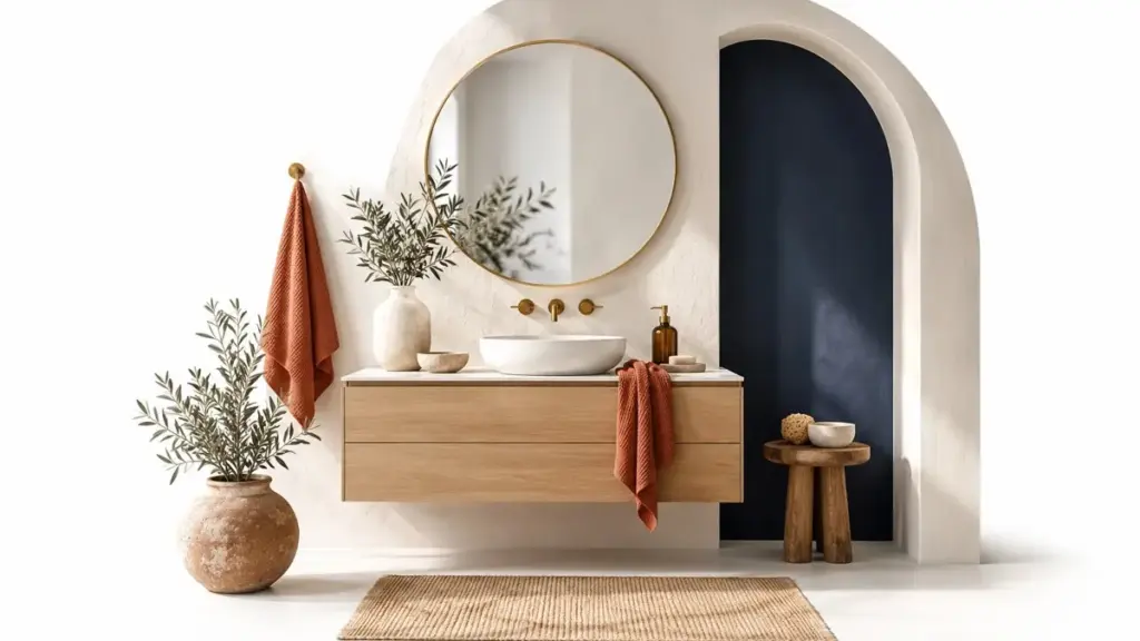 Bagno illustrato con mobile lavabo in legno, specchio e asciugamani terracotta