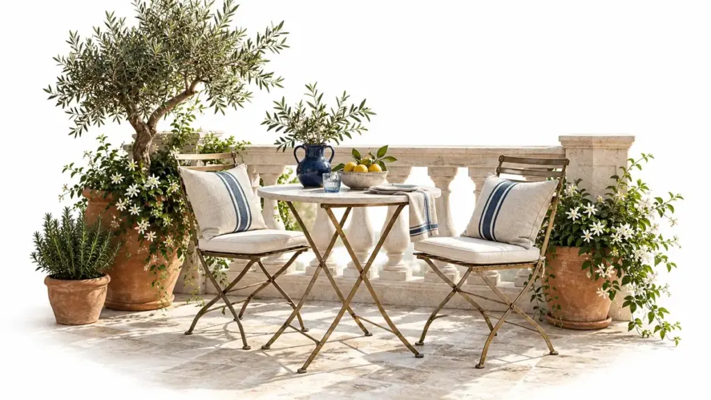Balcone illustrato con tavolino, due sedie e vasi