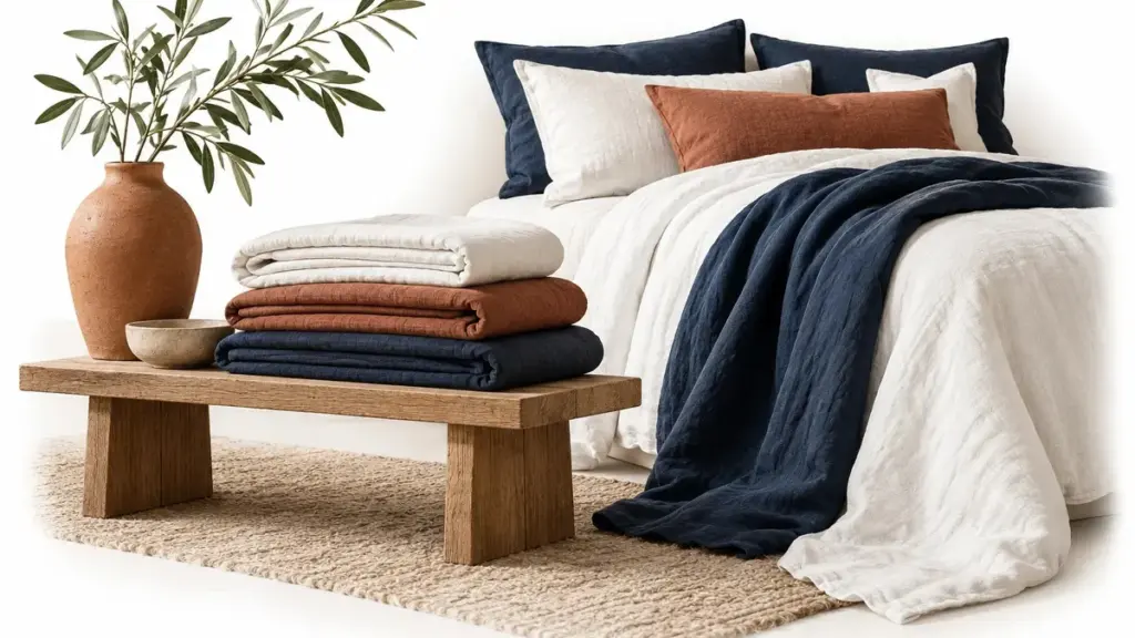 Biancheria piegata chiara, blu e terracotta accanto al letto