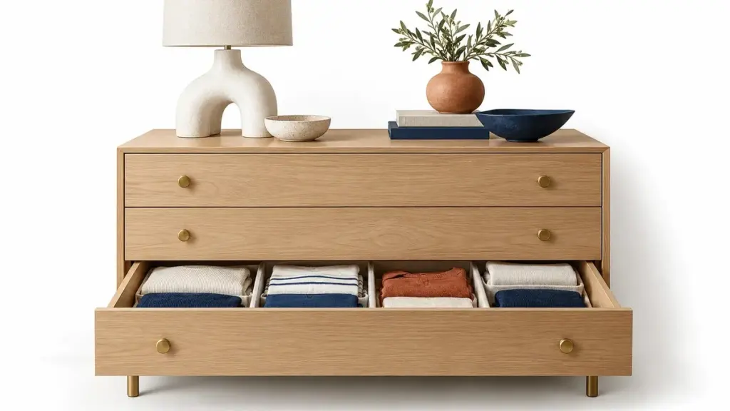 Cassettiera in legno con cassetto aperto e indumenti divisi per gruppi