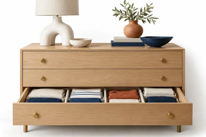 Cassettiera in legno con cassetto aperto e indumenti divisi per gruppi