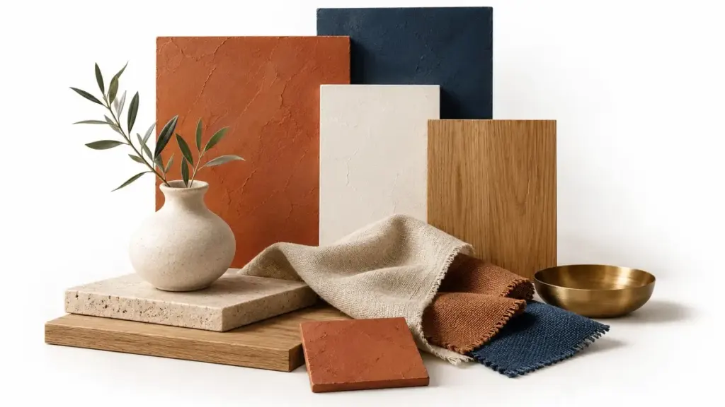 Campioni coordinati di colori, legno e tessuti