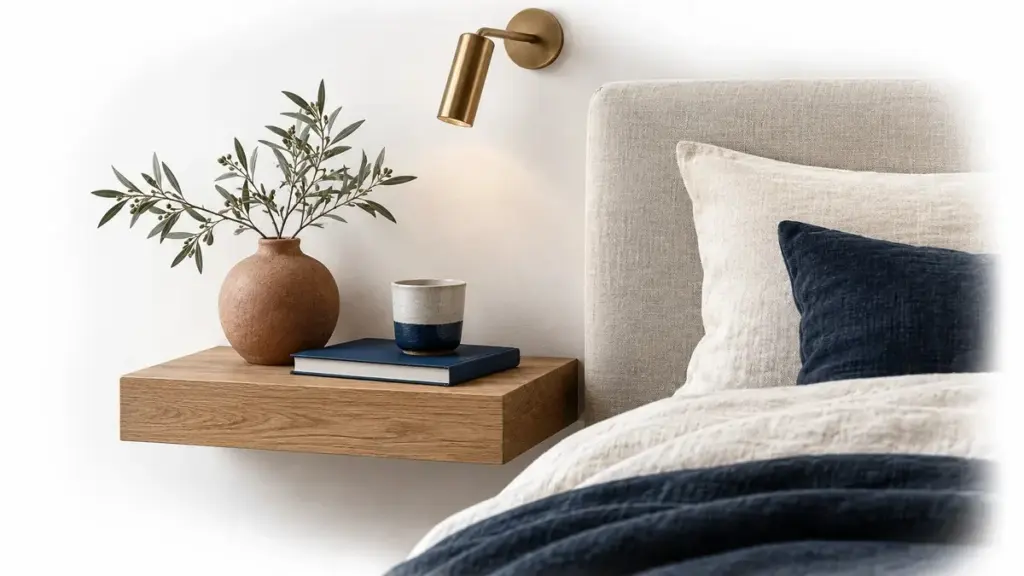 Mensola in legno accanto al letto con lampada da lettura