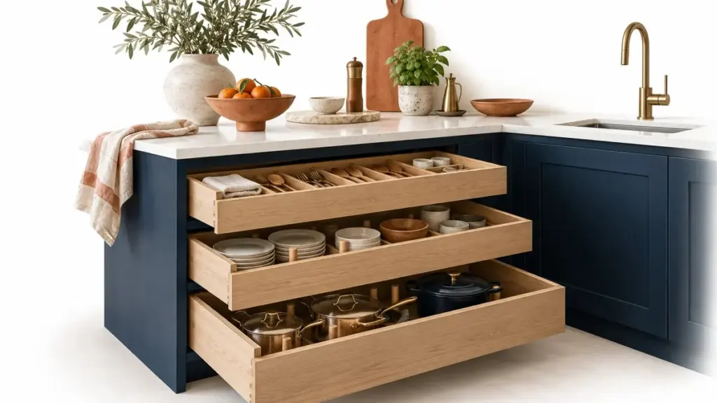 Cucina blu con cassetti aperti e utensili ordinati