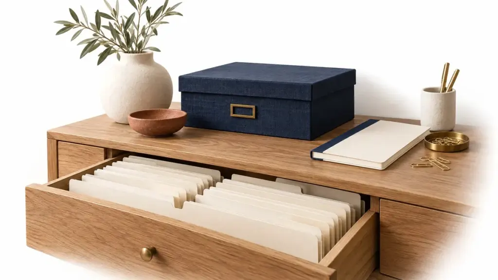 Cartelle e scatole per documenti in un cassetto in legno