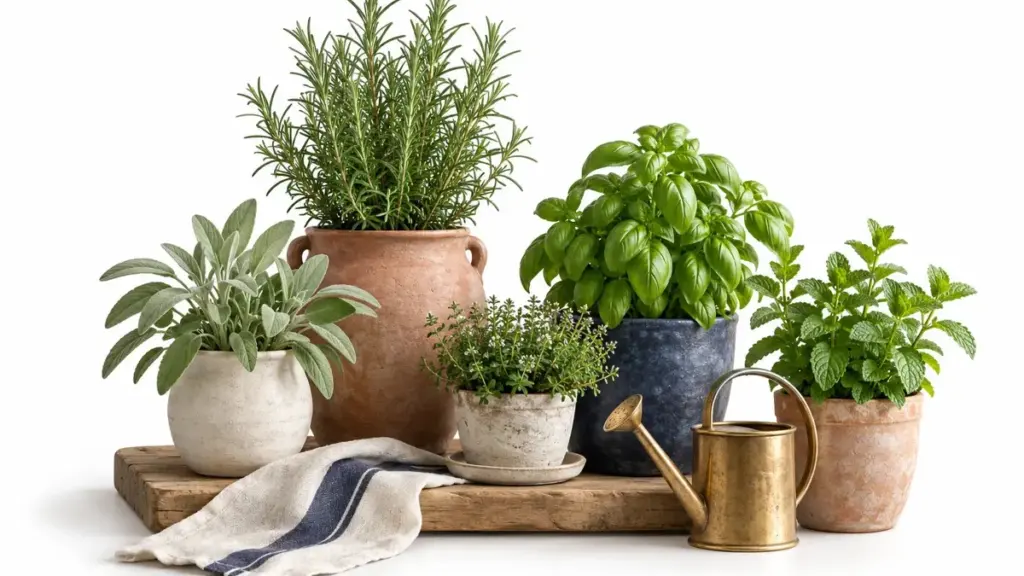 Piante aromatiche in vasi separati su fondo bianco