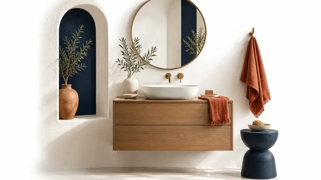 Mobile lavabo sospeso in legno con specchio rotondo e dettagli terracotta