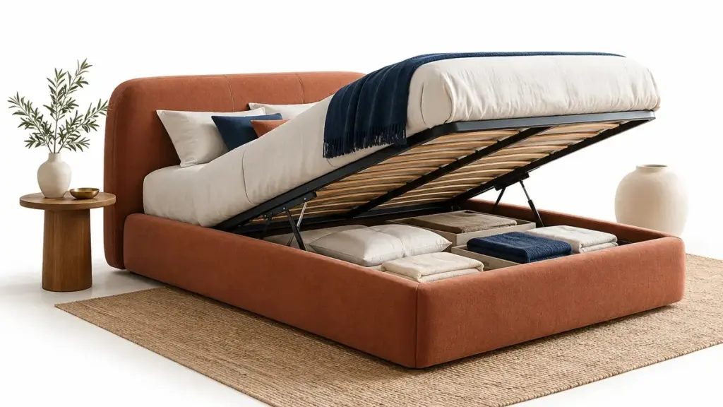 Letto terracotta con vano contenitore aperto e biancheria ordinata