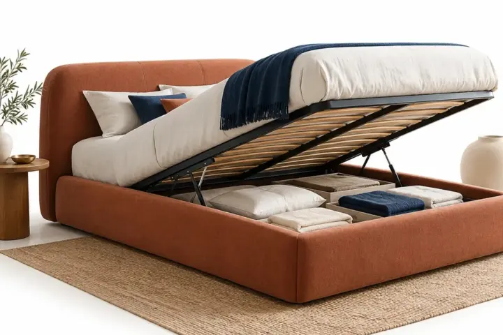 Letto terracotta con vano contenitore aperto e biancheria ordinata