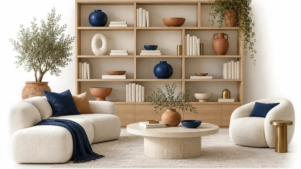 Libreria in legno con gruppi di libri e oggetti decorativi