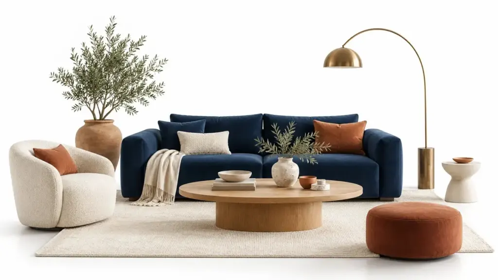 Soggiorno illustrato con divano blu e tappeto chiaro
