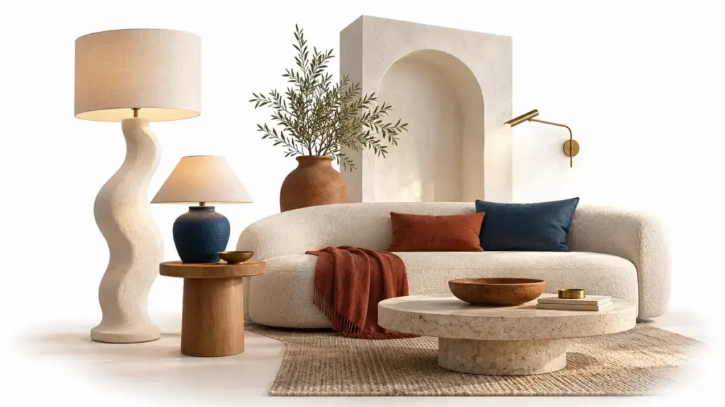 Soggiorno illustrato con lampade distribuite su più livelli