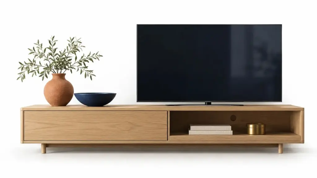 Mobile basso in legno con televisore e vani per apparecchi e accessori