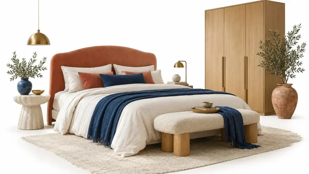 Camera illustrata con letto in lino, armadio in legno e comodini