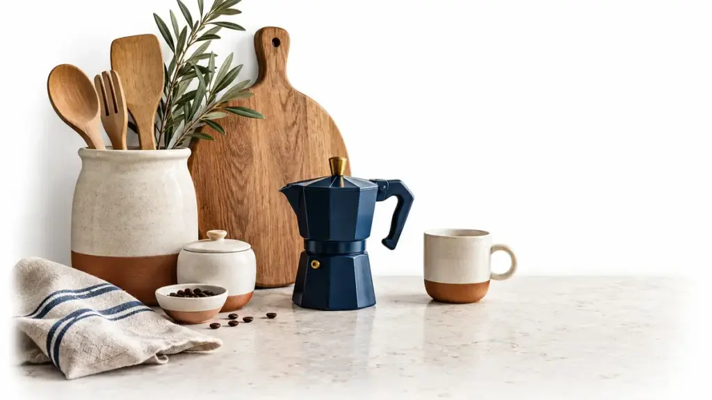 Piano cucina con utensili raccolti, caffettiera blu e superficie libera