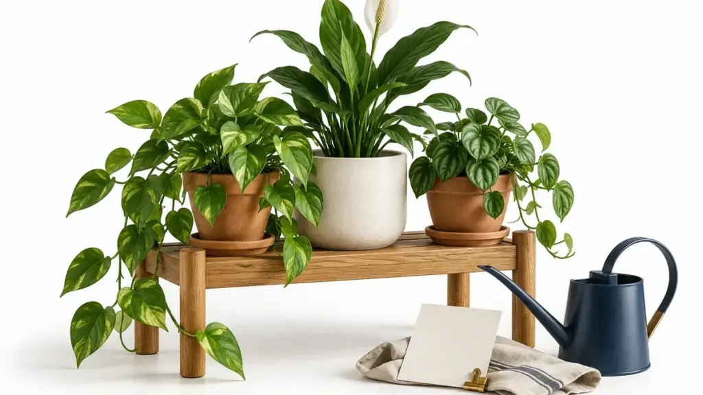 Piante in vasi chiari e terracotta con annaffiatoio blu