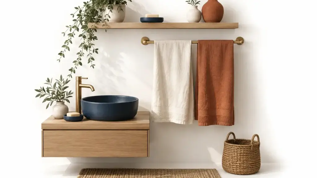 Portasciugamani con teli chiari e terracotta accanto a una mensola in legno