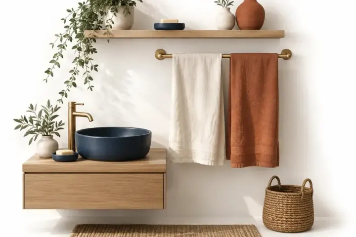 Portasciugamani con teli chiari e terracotta accanto a una mensola in legno