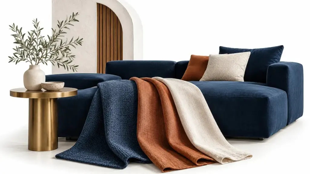 Divano blu con campioni di rivestimento blu, chiari e terracotta