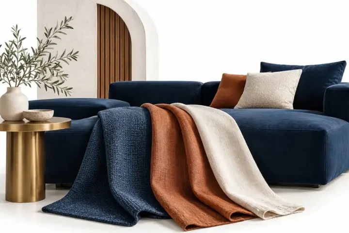 Divano blu con campioni di rivestimento blu, chiari e terracotta
