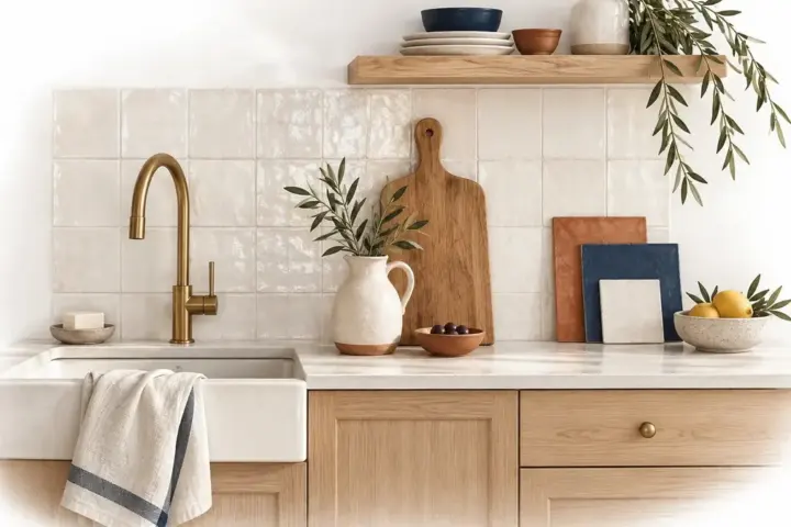 Schienale chiaro della cucina con campioni di piastrelle e piano in legno