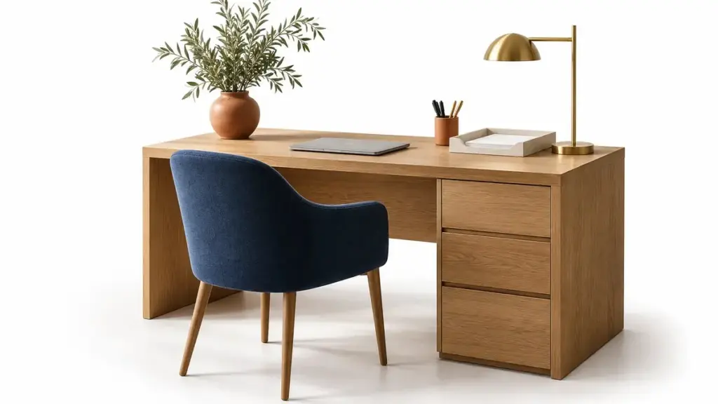Scrivania in legno con seduta blu, lampada e portadocumenti