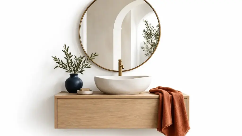 Specchio rotondo sopra un lavabo chiaro con mobile in legno e dettagli terracotta