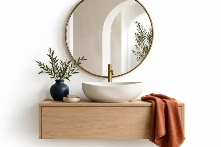 Specchio rotondo sopra un lavabo chiaro con mobile in legno e dettagli terracotta