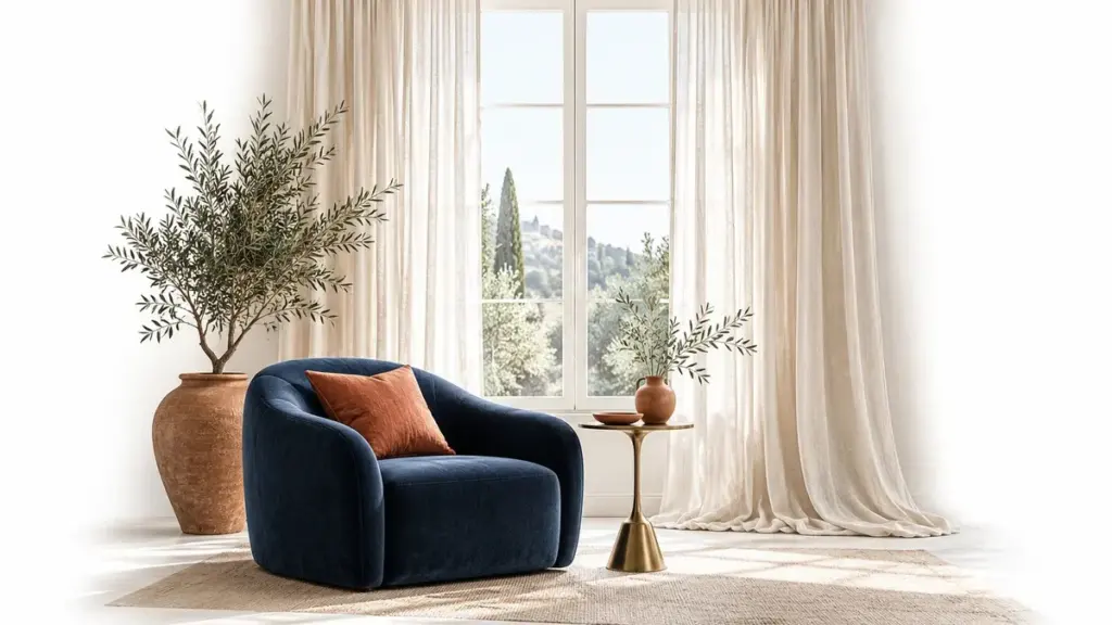 Finestra con tende chiare e poltrona blu nel soggiorno