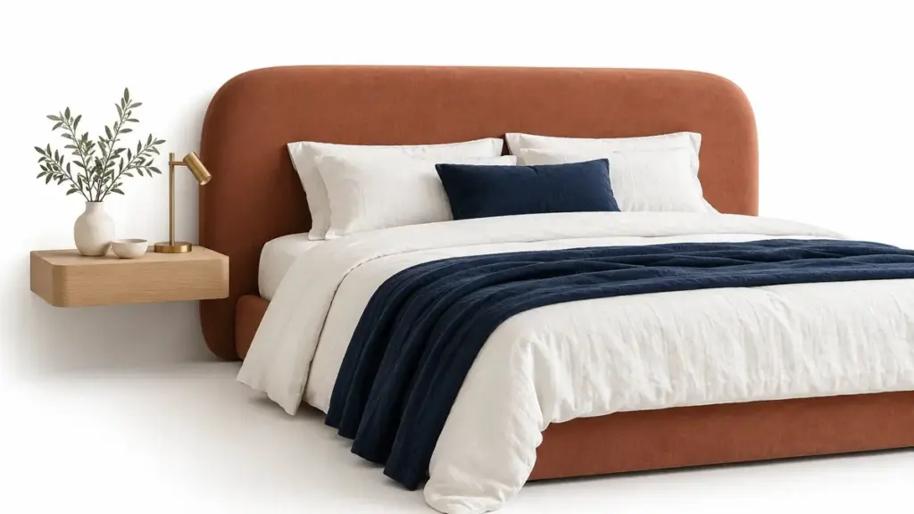 Letto con testiera imbottita terracotta, biancheria chiara e dettagli blu