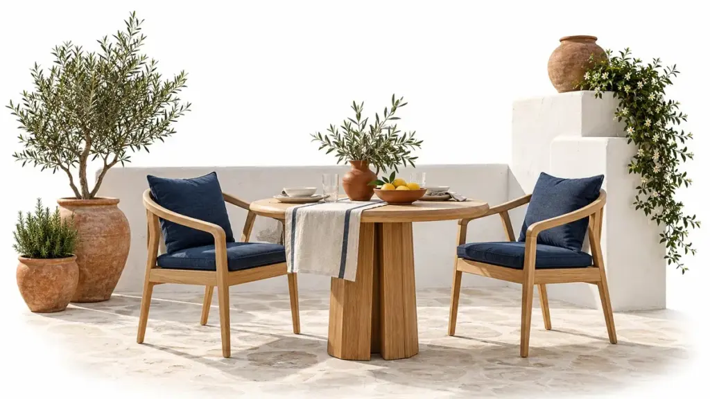 Tavolo da esterno con sedie in legno e cuscini blu su una terrazza