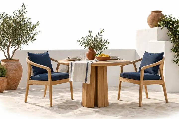Tavolo da esterno con sedie in legno e cuscini blu su una terrazza